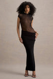 Asia Black Sheer Short-Sleeve Draped Maxi Dress