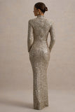 Galaxy Champagne Sequin Turtle-Neck Long-Sleeve Maxi Dress