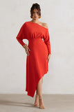 Lori Orange Asymmetric Long-Sleeve Maxi Dress