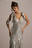 Lula Champagne Metallic Plunge-Neck Maxi Dress With Bow Straps