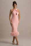Titania Pink Twist-Neck Feather Hem Midi Dress