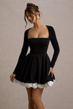 Azelie Black & White Square-Neck Floral-Trim Mini Dress