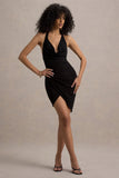 Vivia Black Plunge-Neck Ruched Mini Dress