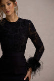 Charli Black Mesh Long-Sleeve Feather-Trim Mini Dress