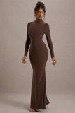 Tova Chocolate High-Neck Long-Sleeve Maxi Dress