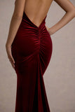 Adele Berry Velvet Ruched Strappy Fishtail Maxi Dress