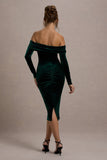Compliment Bottle Green Velvet Bardot Midi Dress