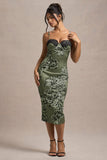 Soprano Olive Floral Print Satin Sweetheart Lace Trim Midi Dress