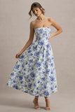Annalise Blue Floral Print Bandeau Skater Midi Dress