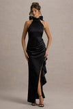 Maureen Black Satin High-Neck Draped Maxi Dress