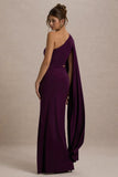 Brona Plum One-Shoulder Cape-Sleeve Split Maxi Dress