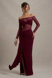 Cover Star Burgundy Mesh Bardot Long-Sleeve Draped Maxi Dress
