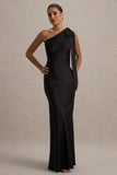 Here For Love Black Satin Asymmetric Maxi Dress With Bow