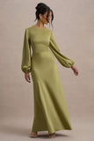 Crawley Light Green Satin Puff-Sleeve Maxi Dress