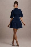 Alva Navy High-Neck Short-Sleeve Mini Dress With Volume Skirt