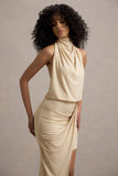 Hayden Sand High-Neck Draped Split Maxi Dress