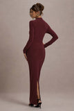 Hespera Port High-Neck Long-Sleeve Gathered Maxi Dress
