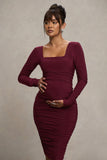 New Life Burgundy Maternity Square Neck Ruched Midi Dress