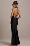 Frida Black Satin Halter-Neck Backless Maxi Dress