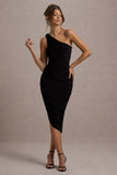 Dorit Black One Shoulder Asymmetric Ruched Midi Dress