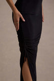 Jaiya Black Ruched Halter-Neck Asymmetric Maxi Dress