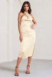 Dazzling Champagne Satin Cross Over Halter Neck Midi Dress