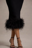 Titania Black Twist-Neck Feather Hem Midi Dress