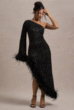 Shadow Black Sequin One-Shoulder Feather Trim Maxi Dress