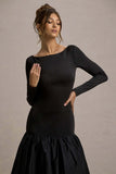 Perpetua Black Drop-Waist Midi Dress With Volume Skirt
