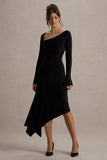 Serenita Black Asymmetric Long-Sleeve Midi Dress