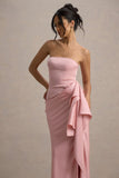 Loz Light Pink Satin Bandeau Draped Maxi Dress