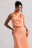 Geena Peach Satin Twisted High-Neck Midi Dress