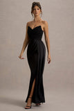 Edel Black Satin Strapless Maxi Dress With Drape