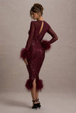Afterglow Port Sequin Long-Sleeve Midi Dress With Feather Trims