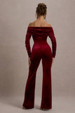 Borealis Berry Velvet Long-Sleeved Bardot Jumpsuit
