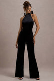 Alondra Black Velvet High-Neck Straight-Leg Jumpsuit