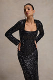 My Dream Black Sequin Square-Neck Long-Sleeve Maxi Dress