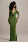Hurghada Green Plunge-Neck Long-Sleeve Maxi Dress