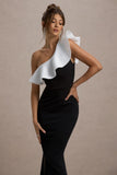 Berkley Black & White Ruffled One-Shoulder Maxi Dress
