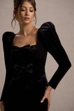 Suzu Black Velvet Puff-Sleeve Top With Bows