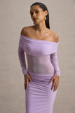 Belamour Lavender Semi-Sheer Bardot Gathered Maxi Dress