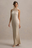 Bianca Champagne Satin Feather-Trim Maxi Dress