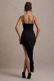 High Status Black Strappy Corset Asymmetric Maxi Dress With Feather Trim