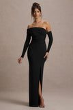 Stand Out Black Bardot Long Sleeve Ruched Maxi With Side Split