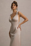 Beck Champagne Satin Plunge-Neck Cross-Back Midi Dress
