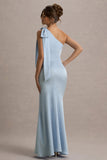 Here For Love Powder Blue Satin Asymmetric Maxi Dress With Bow