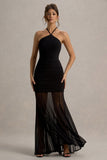Sonya Black Halter-Neck Maxi Dress With Mesh Skirt