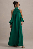 Baila Bottle Green Satin High-Neck Cape-Sleeve Maxi Dress