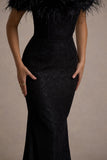 Idyll Black Lace Bardot Feather Fishtail Maxi Dress