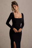 My Pleasure Black Square Neck Ruched Maxi Dress